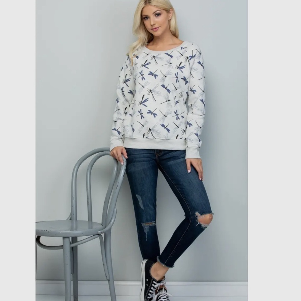 New LA soul White and Blue Dragonfly Print fleece crew sweatshirt S-XL